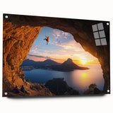 Acrylic glass artwork depicting a stunning landscape with caves, showcasing intricate details and vibrant colors, elegantly displayed from a side view with pins for mounting.