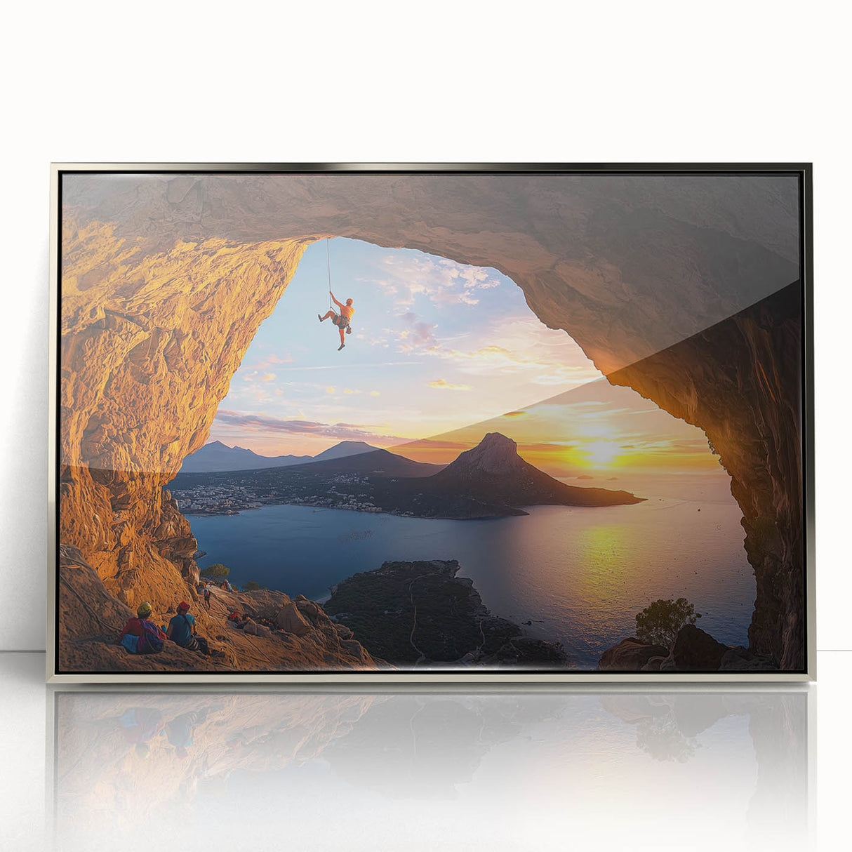 Framed acrylic artwork showcasing a stunning landscape with caves, featuring vibrant colors and intricate details, perfect for enhancing modern home decor.
