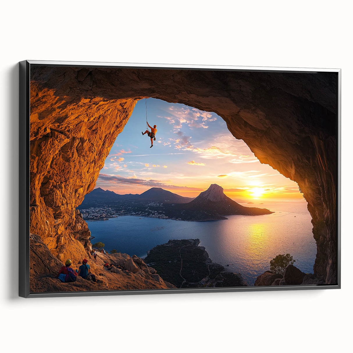 Framed canvas artwork showcasing a stunning landscape with intricate cave formations, featuring a sleek black frame that enhances the visual appeal, perfect for modern decor.