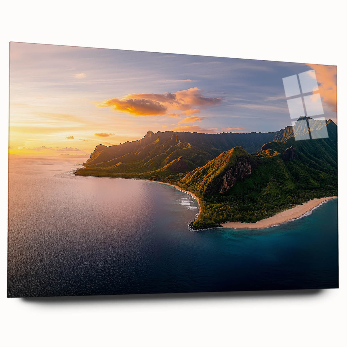 Acrylic landscape artwork displaying vibrant cliffs in vivid colors, presented in a sleek glass frame, enhancing modern decor with natural beauty and depth.