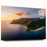 Acrylic landscape artwork displaying vibrant cliffs in vivid colors, presented in a sleek glass frame, enhancing modern decor with natural beauty and depth.