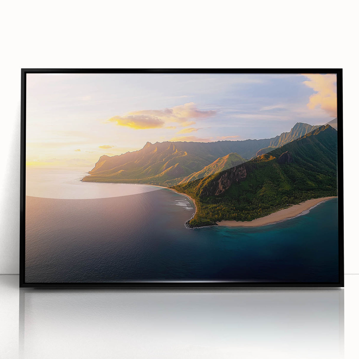 Framed acrylic wall art showcasing a breathtaking landscape of cliffs under a vibrant sky, featuring rich colors and intricate details, perfect for home decor.