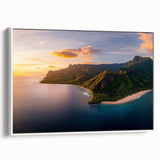 Framed canvas artwork depicting a stunning landscape of cliffs with vibrant colors, showcased from a side view against a white background, ideal for home decor.