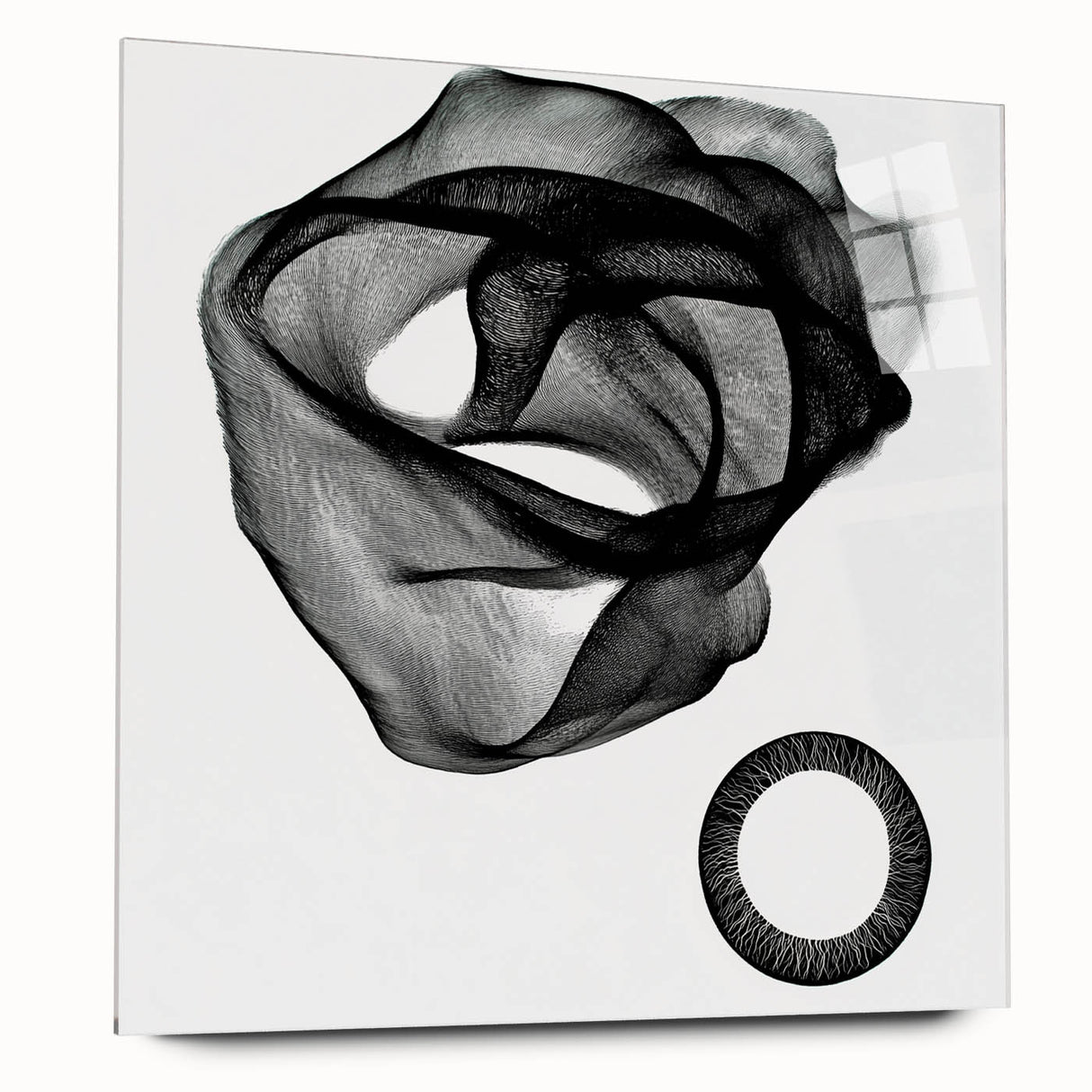 Abstract geometric acrylic glass artwork showcasing vibrant colors and intricate shapes, ideal for modern home decor. Side view emphasizes the sleek design and contemporary aesthetic.