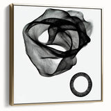 Framed abstract geometric canvas art in silver and gold tones, showcasing modern design elements. Perfect for contemporary home decor accents and stylish interiors.