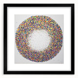 Abstract splatter art frame with a matte black finish, showcasing vibrant colors and dynamic patterns, perfect for modern home decor or gallery displays.
