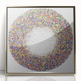 Framed acrylic art piece showcasing an abstract design with gold splatters on a white background, perfect for modern home decor and artistic interiors.