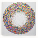 Abstract splatter art on stretched canvas showcasing vibrant colors like blue, orange, and yellow, perfect for modern home decor. Ideal for adding a creative touch to living spaces.