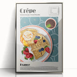 Mid-century modernist art featuring various colorful food dishes on a silver-framed acrylic print.