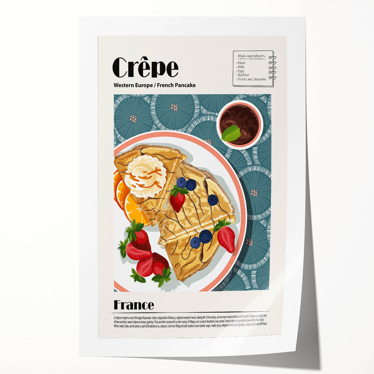 Rolled print featuring an array of illustrated dishes in muted earth tones, suitable as dining room wall art.