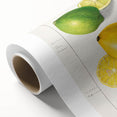 Art deco poster featuring an array of colorful fruits on rolled canvas, ideal for nursery wall art or dining room decor.