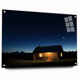Acrylic glass artwork showcasing a vibrant landscape of a barn, viewed from the side, featuring mounting pins for easy display. Perfect for rustic home decor.