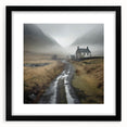 Framed landscape wall art depicting a serene countryside scene, featuring vibrant greens and a clear blue sky, presented in a sleek black frame with a white mat.