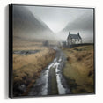 Framed landscape wall art showcasing a serene countryside scene with lush green fields and a vibrant blue sky, presented in a sleek black frame, perfect for home decor.