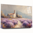 Acrylic glass artwork showcasing a vibrant countryside landscape with rolling hills and a clear blue sky, displayed in a side view with decorative pins.