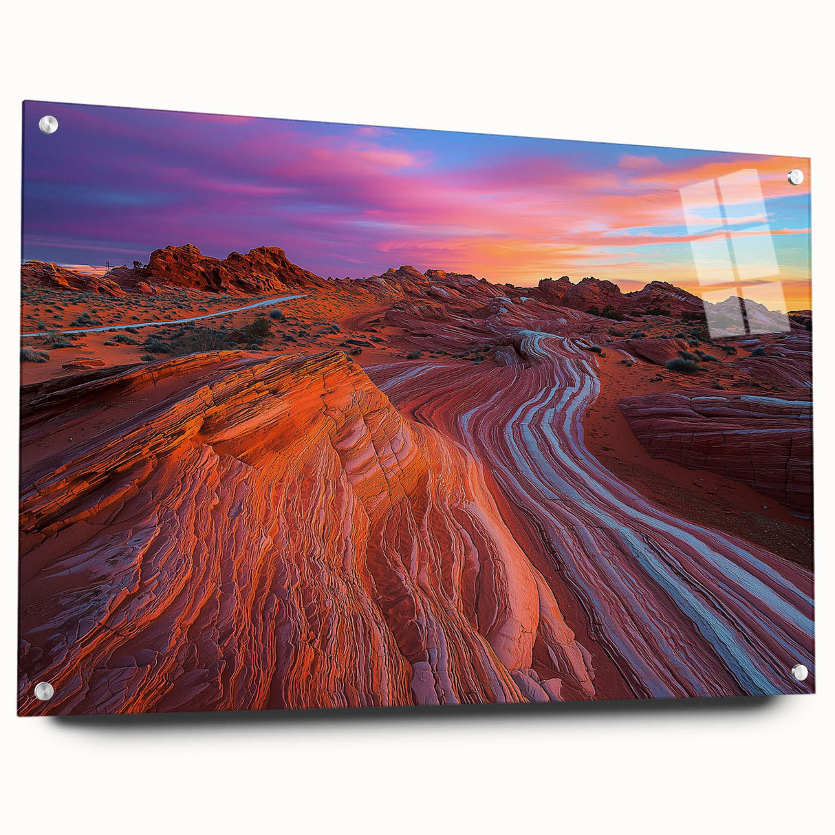 Acrylic glass artwork showcasing a vibrant desert landscape with intricate details, displayed from a side view and secured with stylish pins, perfect for modern decor.
