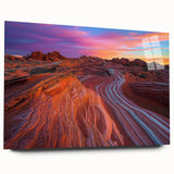 Desert landscape acrylic glass artwork showcasing vibrant colors and intricate details, designed for home decor with a sleek side view and no visible pins.