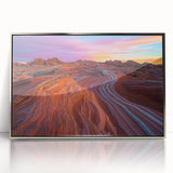 Framed acrylic artwork depicting a stunning desert landscape with vibrant colors and intricate details, ideal for modern home decor and art enthusiasts.