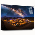 Acrylic glass artwork showcasing a stunning landscape of dunes in warm tones, side view with pins for mounting, perfect for modern home decor.