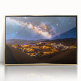 Framed acrylic artwork showcasing a serene landscape of rolling sand dunes in warm gold tones, perfect for modern home decor and enhancing interior aesthetics.