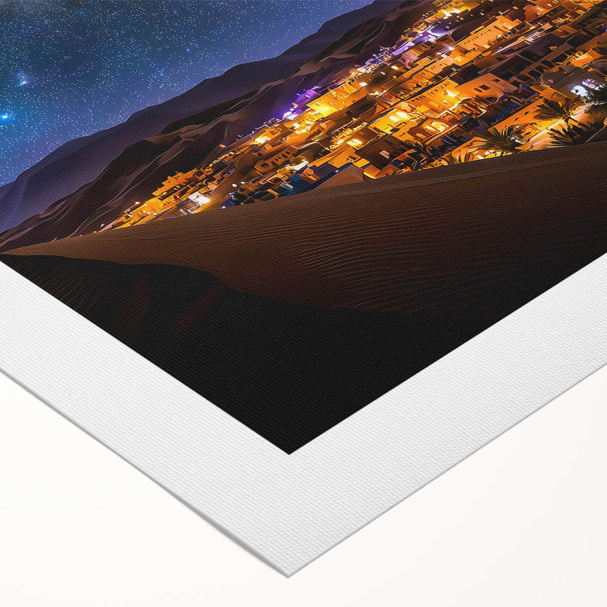 Desert landscape canvas print showcasing vibrant golden sand dunes under a clear blue sky, rolled and ready for display, perfect for modern home decor.