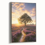 Framed canvas artwork showcasing a serene landscape of golden fields under a clear blue sky, accented with a sleek silver frame, ideal for modern home décor.