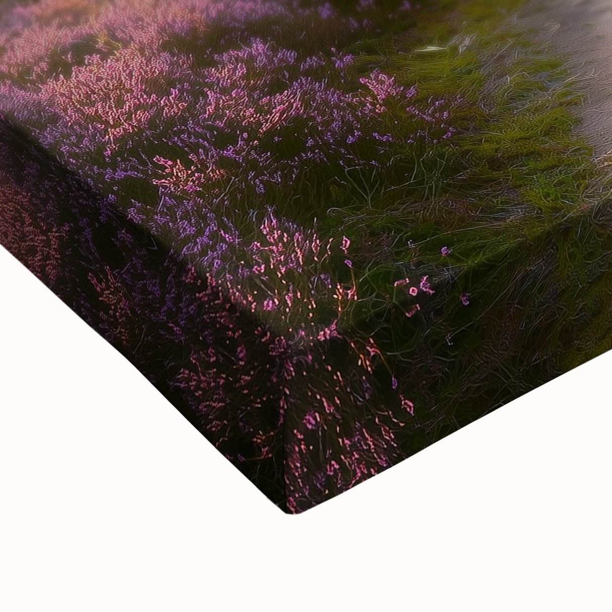 Close-up of a vibrant stretched canvas depicting serene green fields under a bright blue sky, showcasing intricate details of nature's beauty, perfect for home decor.