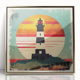 Framed acrylic wall art depicting a picturesque lighthouse landscape with vibrant colors and gold accents, ideal for coastal-themed home decor.