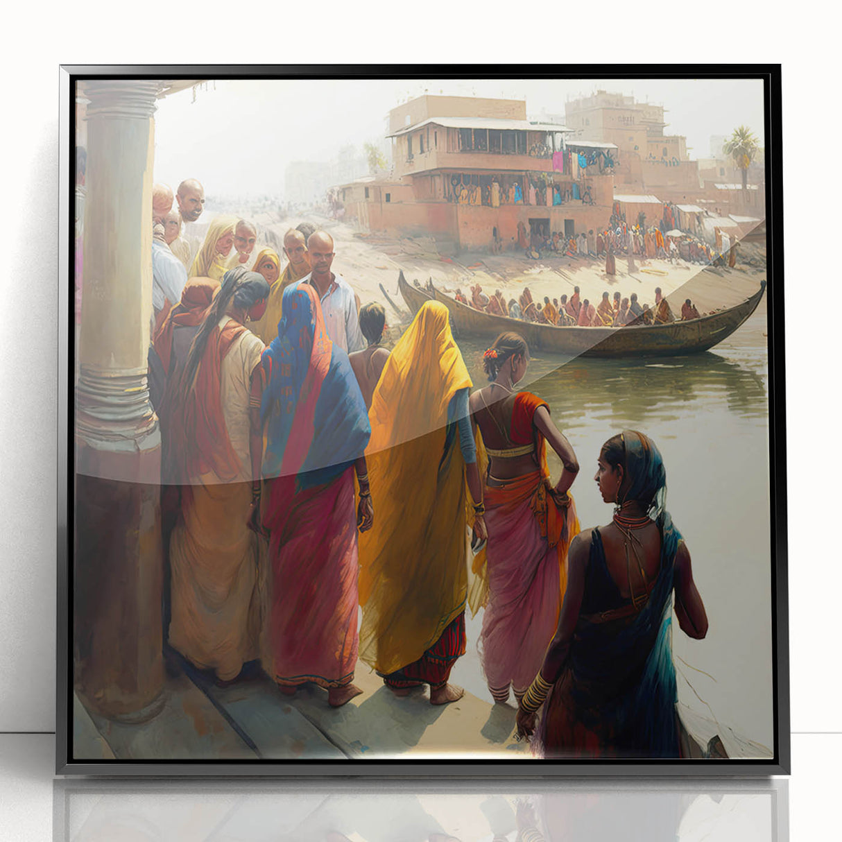 Large abstract wall art depicting a stylized Indian landscape in muted earth tones, framed in black acrylic.