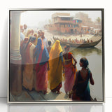 Mid-century modernist art depicting an Indian landscape in silver acrylic frame, ideal for nursery wall art.