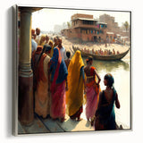Landscape art painting of an Indian scenery on framed canvas, featuring vibrant colors with a vintage poster style.