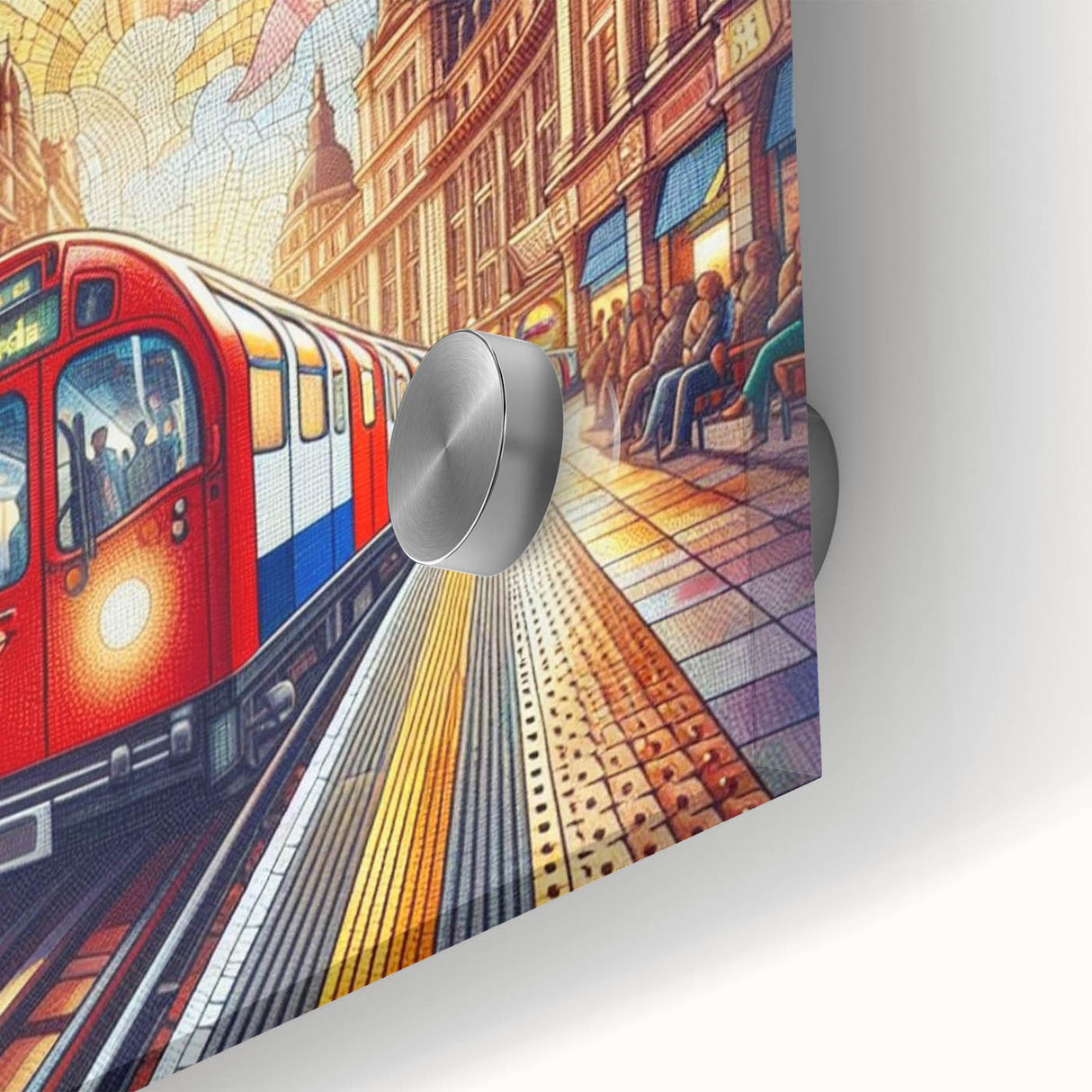 Mid-century modernist art of London skyline in muted blue tones on large acrylic glass, ideal for dining room art.