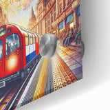 Mid-century modernist art of London skyline in muted blue tones on large acrylic glass, ideal for dining room art.