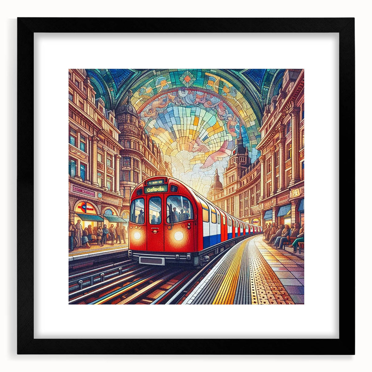 Extra large framed abstract art print featuring colorful, textured depiction of London scenery, ideal for living room decor.
