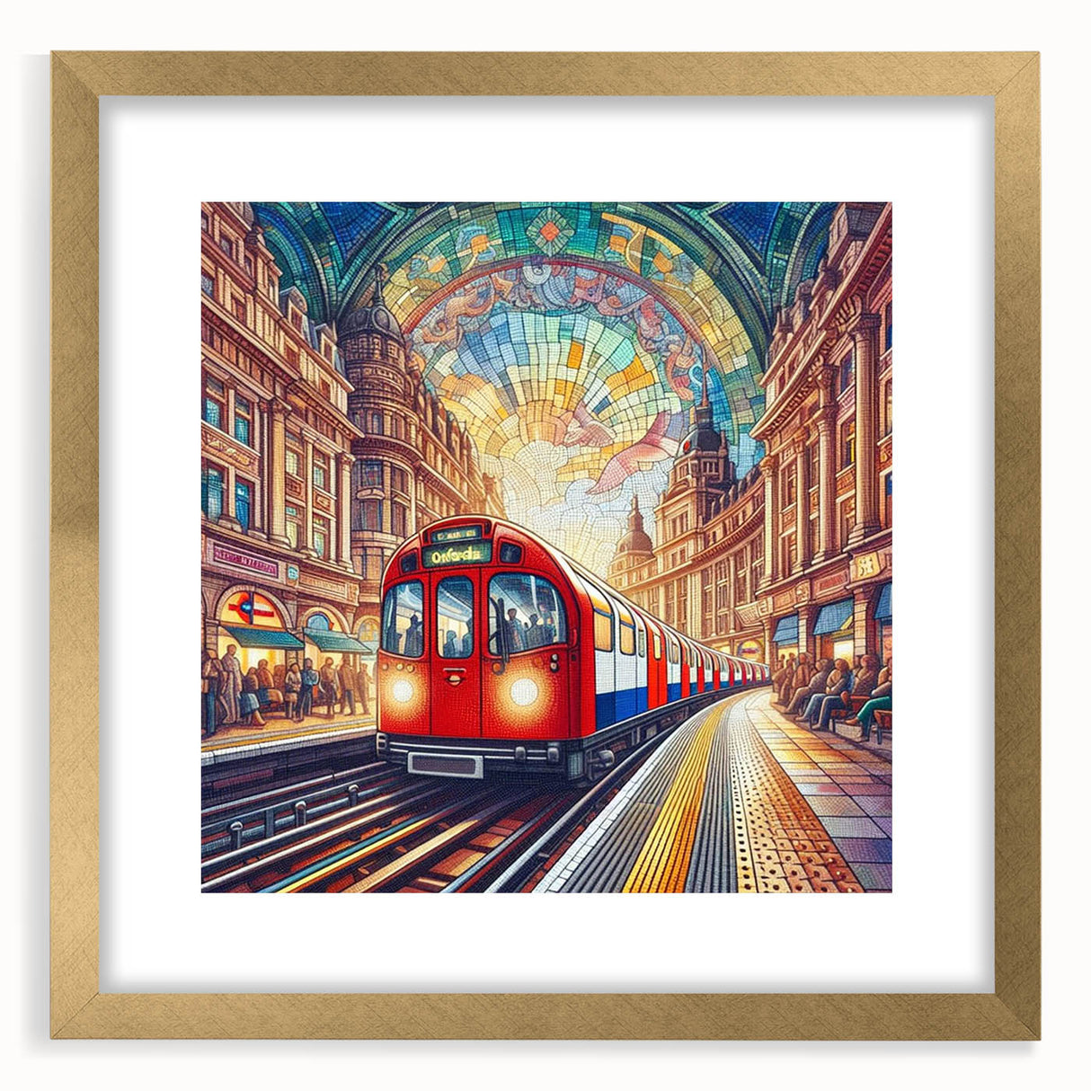 Abstract art print of London skyline in muted gray and blue tones on a framed canvas, suitable for dining room decor.