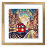 Abstract art print of London skyline in muted gray and blue tones on a framed canvas, suitable for dining room decor.