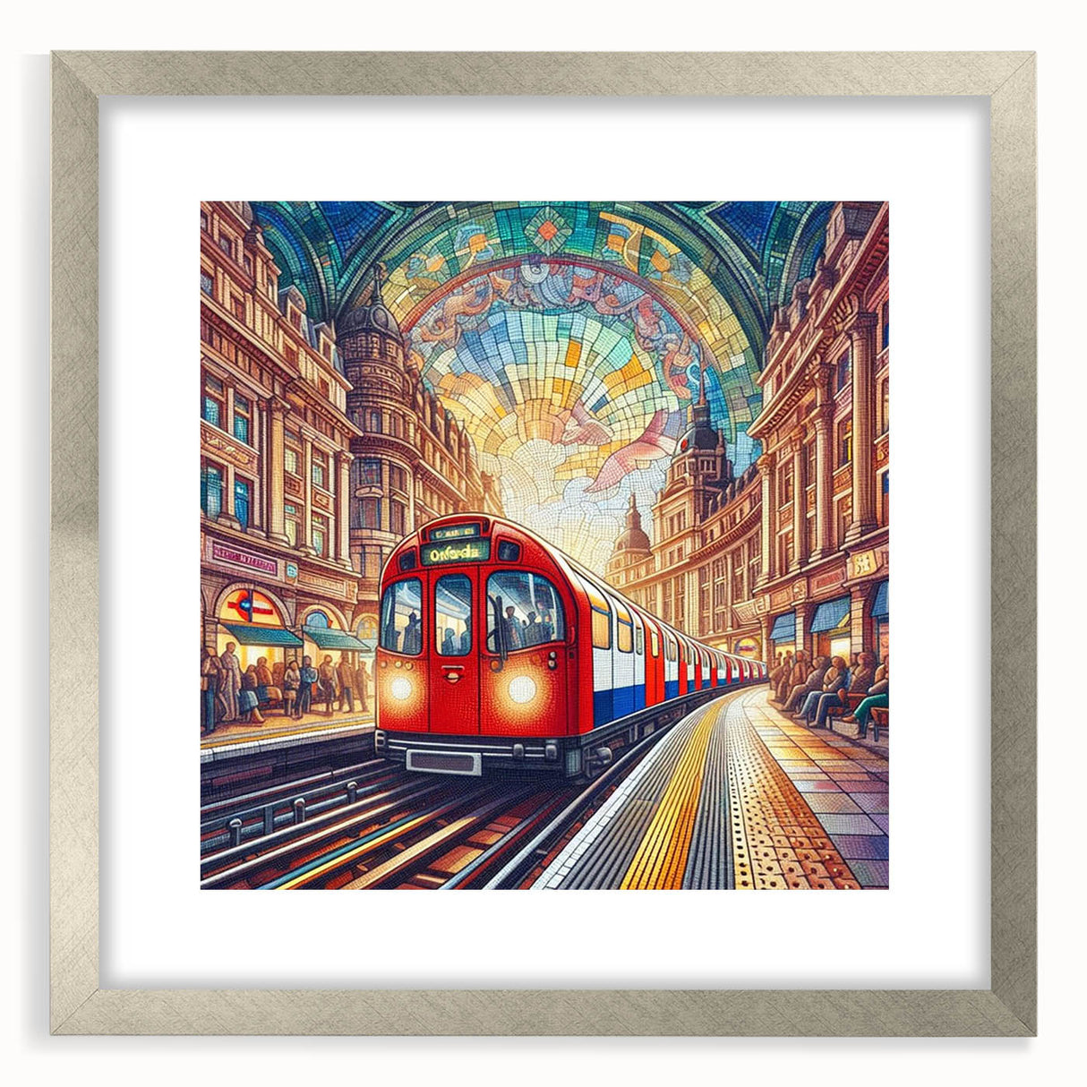 Extra large abstract art print of London scenery in textured silver frame, suitable for living room decor.