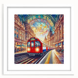 Textured abstract art print of London scenery in muted gray and blue tones on a framed white mat, ideal for bedroom art.