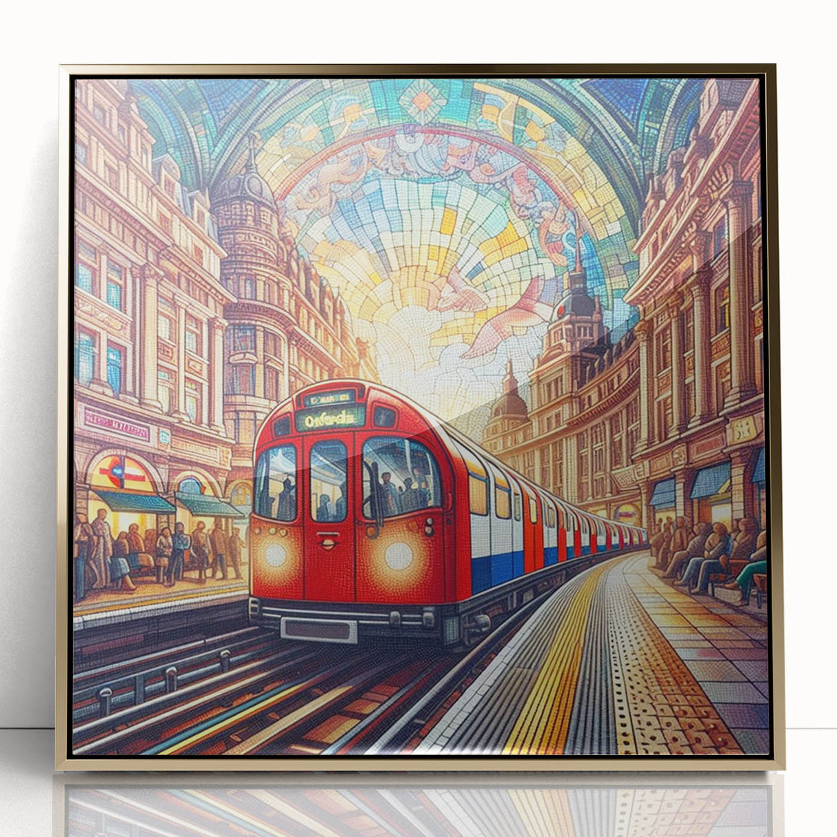 Art deco poster of London skyline in gold and black tones on acrylic framed format, suitable for modern art wall decor.