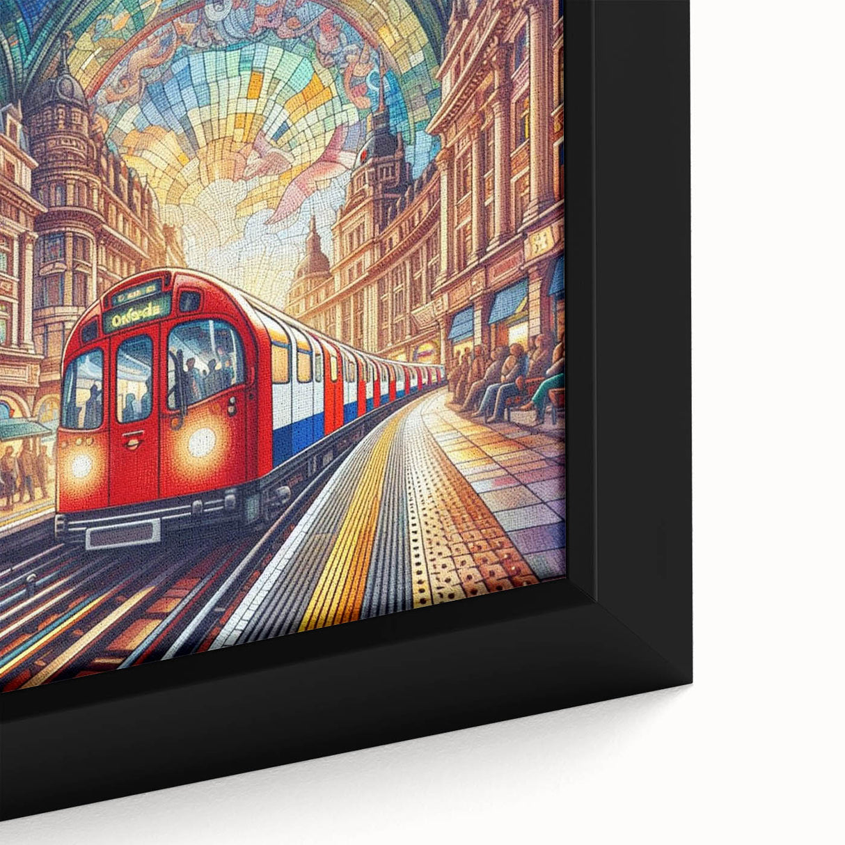Black wall art featuring a textured close-up of a London skyline in colorful hues on a framed canvas.