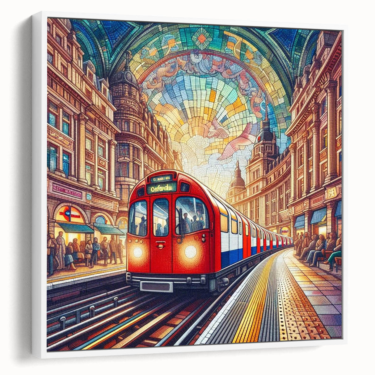 Vintage poster art of London scenery on framed canvas, featuring a black and colorful palette, ideal for living room decor.
