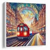 Vintage poster art of London scenery on framed canvas, featuring a black and colorful palette, ideal for living room decor.