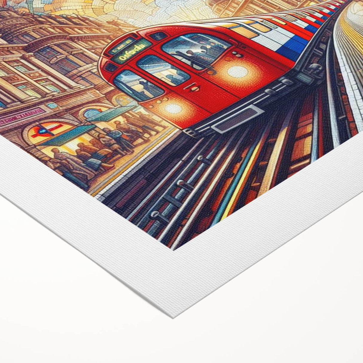 Art deco poster of London skyline in muted grays and blues on rolled canvas, ideal for dining room wall art.