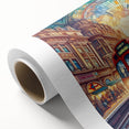 Art deco poster of London scenery in muted blues and grays on rolled canvas, ideal for nursery wall art.