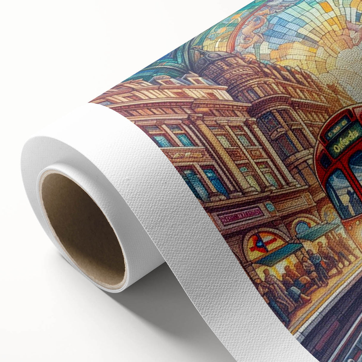 Art deco poster of London scenery in muted blues and grays on rolled canvas, ideal for nursery wall art.