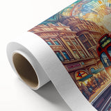 Art deco poster of London scenery in muted blues and grays on rolled canvas, ideal for nursery wall art.