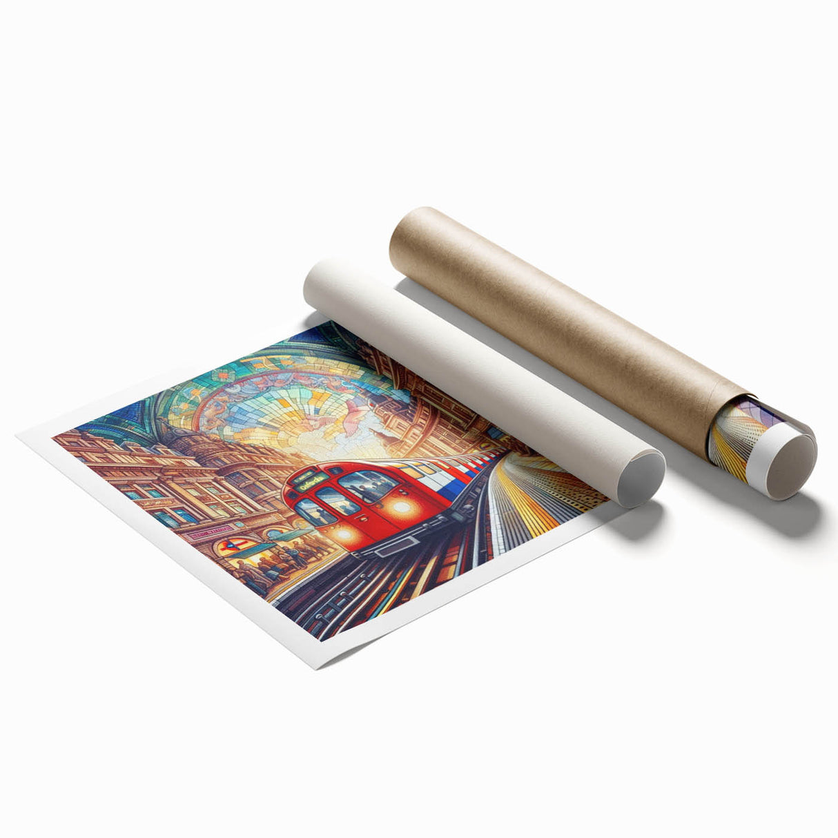Large rolled print of a London cityscape featuring soft pastel colors, ideal for classy bathroom wall art.