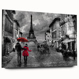Large abstract depiction of Paris scenery in muted blue and gray tones on acrylic glass.