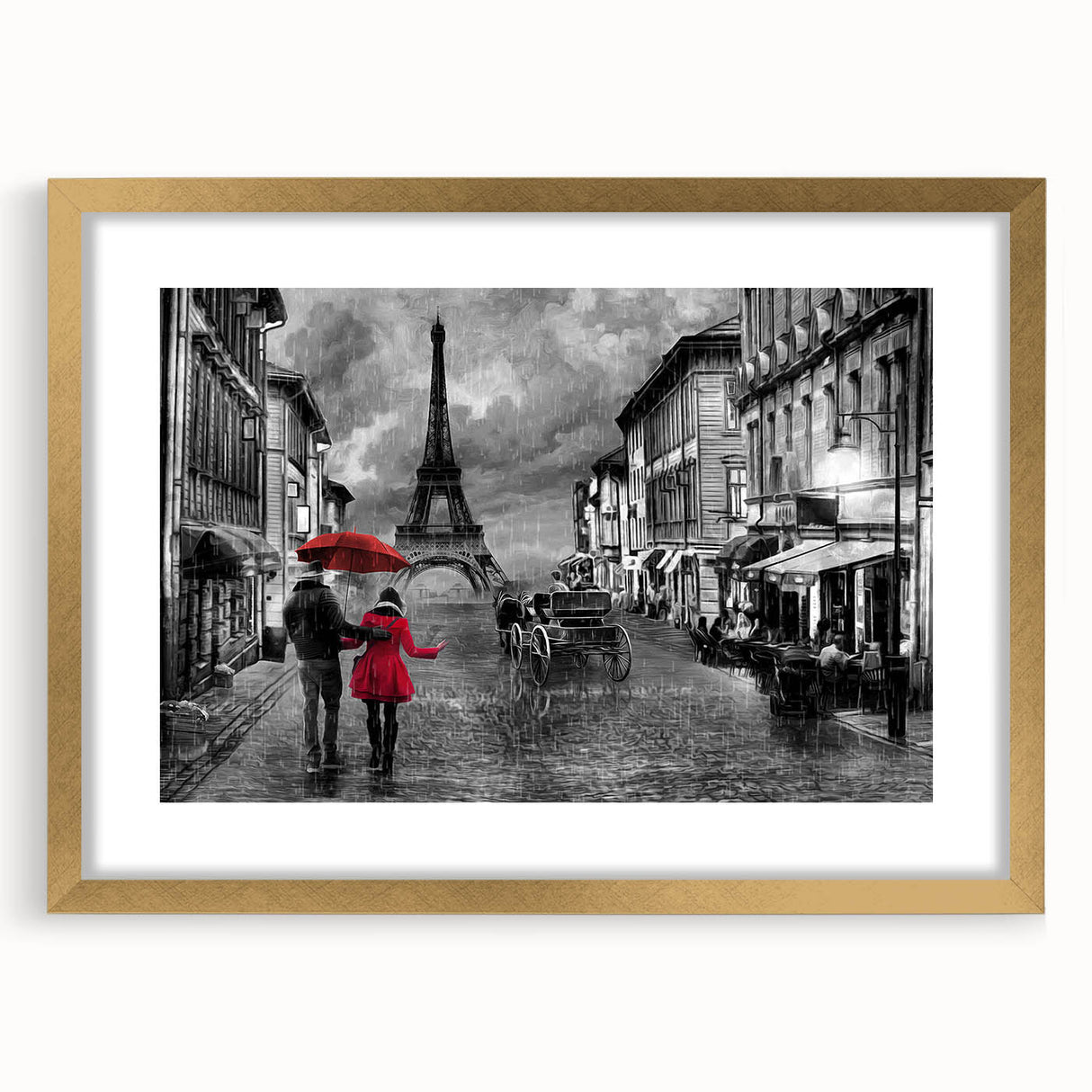 Abstract art print of Paris scenery in muted gold and blue tones on a framed canvas.