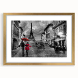 Abstract art print of Paris scenery in muted gold and blue tones on a framed canvas.